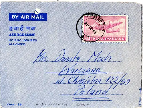 Indien Feldpost in Vietnam 1964, 55 NP. Aerogramm m. F.P.O. No. 742 v. Da Nang.