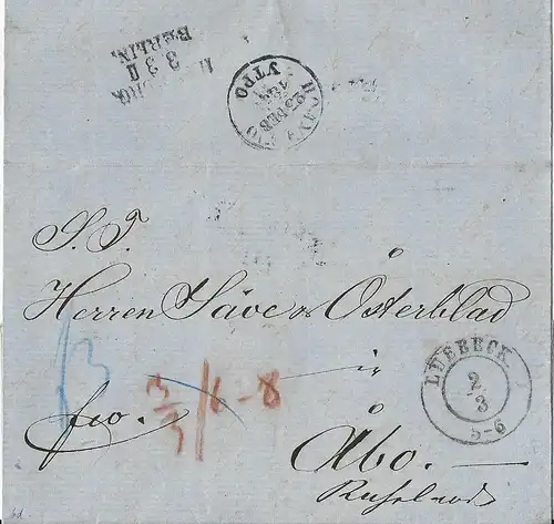 Lübeck 1854, Franko Brief m. K2 u. rs. Bahnpost nach Finnland! #2606