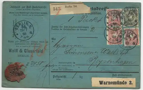 DR 1888, 10 Pf. m. PLATTENFEHLER auf Paketkarte v. Berlin n. Dänemark. #2688