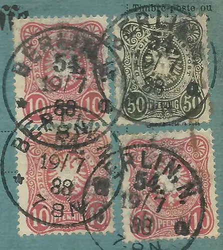 DR 1888, 10 Pf. m. PLATTENFEHLER auf Paketkarte v. Berlin n. Dänemark. #2688