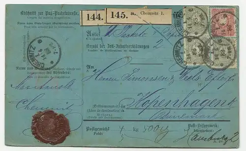 DR 1888, 50 Pf. m. PLATTENFEHLER auf Paketkarte v. Chemnitz n. Dänemark. #2587