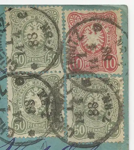 DR 1888, 50 Pf. m. PLATTENFEHLER auf Paketkarte v. Chemnitz n. Dänemark. #2587