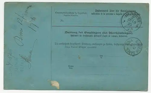 DR 1888, 50 Pf. m. PLATTENFEHLER auf Paketkarte v. Chemnitz n. Dänemark. #2587