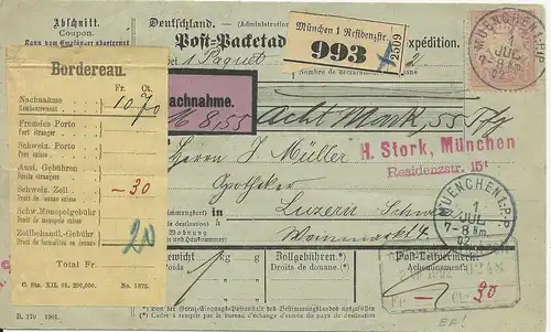 Bayern 1902, EF 1 Mk. auf Nachnahme Paketkarte v. München i.d. Schweiz. #2560