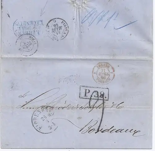 Dänemark Frankreich 1866, Porto Brief v. Kopenhagen m Stpl. "P.39" u. "9". #1040