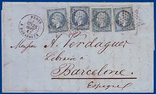 Frankreich 1867, Brief m. 4x 20 C. v. Paris nach Spanien. #S679