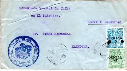 El Salvador, 5/17+12 C. Dienst auf Chile Konsulats Brief n. Deutschland