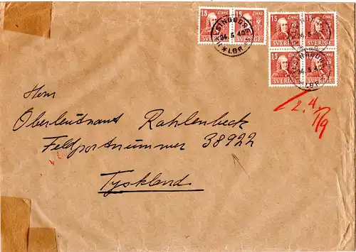 FP WK II, 6x15 öre auf Zensur Brief an einen Schweden Freiwilligen, FP.Nr. 38922