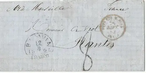 NL Indien 1862, Batavia Franco auf Brief via Suez m. Frankreich Porto Stpl. "8"