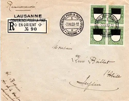 Schweiz 1922, Conference Pour LKa Paix En Orient Lausanne, Reko Brief m. 4x10 C.