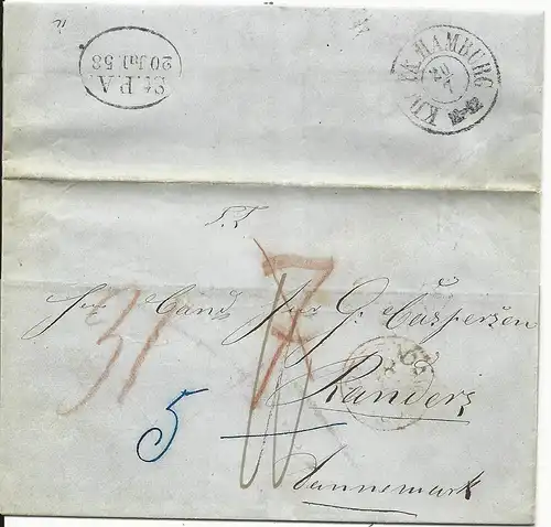 NL 1858, roter K1 Rotterdam auf Porto Brief via KDOPA Hamburg n. Dänemark