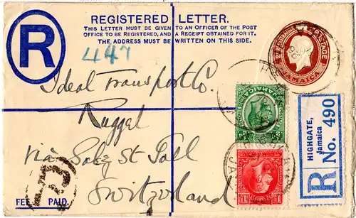 Trinidad 1931, 1/2+1d Zusatzfr. auf 2d Reko-Ganzsache nach Ruggell Liechtenstein