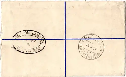 Trinidad 1931, 1/2+1d Zusatzfr. auf 2d Reko-Ganzsache nach Ruggell Liechtenstein