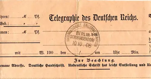 DR 1908, Sonderstempel INT. BALLONWETTFAHRTEN BERLIN SCHMARGENDORF auf Formular
