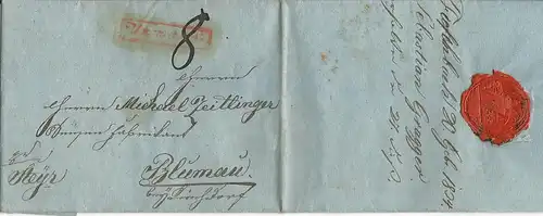 Österreich 1834, roter R1 Unzmarkt auf Porto Brief v. Tiefenbach n. Blumau 