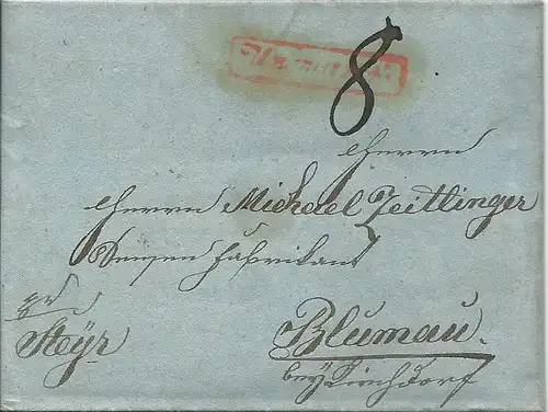 Österreich 1834, roter R1 Unzmarkt auf Porto Brief v. Tiefenbach n. Blumau 