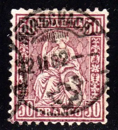 Schweiz Nr. 43, 50 C. Sitzende Helvetia Faserpapier m. zentr. Stpl. RORSCHACH