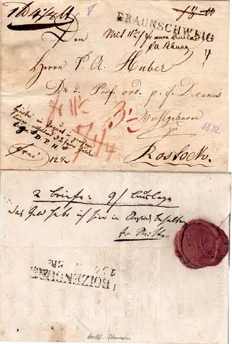 1832, L1 BRAUNSCHWEIG auf Paket Begleit Schein n. Rostock, Mecklenburg Schwerin 