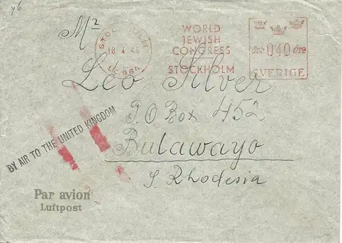 Schweden 1946, Luftpost Leitstpl. auf Brief m. Judaika Maschinenstempel