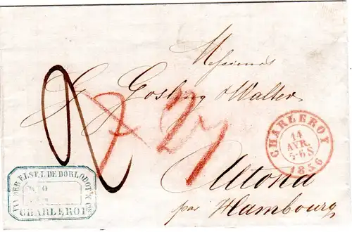 Belgien 1856, roter K2 CHARLEROY auf Porto Brief n. Dänemark