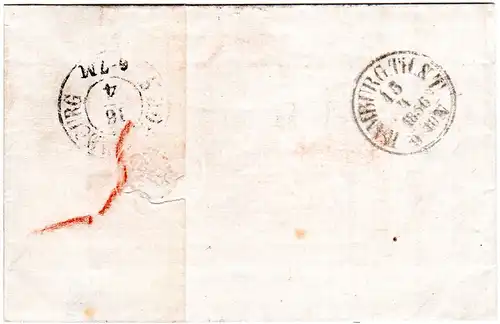 Belgien 1856, roter K2 CHARLEROY auf Porto Brief n. Dänemark