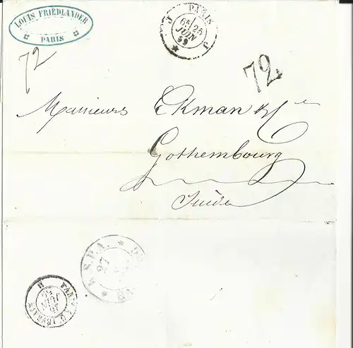 Frankreich 1859, Brief v. Paris n. Schweden m. Portostpl. 72 u. rs. KSPA Hamburg