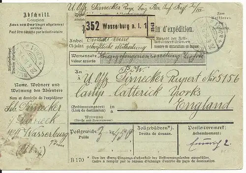 Bayern 1918, portofreie KGF POW Paketkarte v. Wasserburg n. GB Camp Catterick 