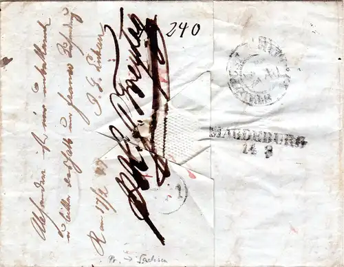 Preussen 1847, L2 WOLMIRSTÄDT auf Porto-/Franko-Brief zweimal n. Sachsen