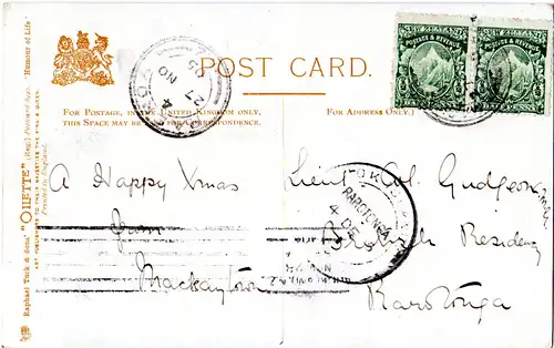 Cook Islands 1905, incoming mail postcard from MACKAYTOWN New Zealand. 