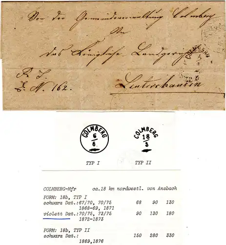 Bayern 1877, Zierstempel COLMBERG, Sondertype ohne Kreis auf Gemeinde Brief 