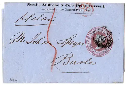 GB 1860, partly prepaid wrapper to Switzerland. Swiss domestic fee "5" C. 
