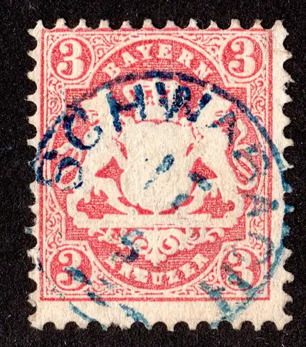 Bayern 23 Y, blauer Zierstempel SCHWABACH (Type I) klar auf 3 Kr.. Geprüft.