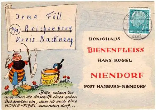 BRD 1957, Landpost Stpl. 14a REICHENBERG über Backnang auf Bienenfleiss Karte 