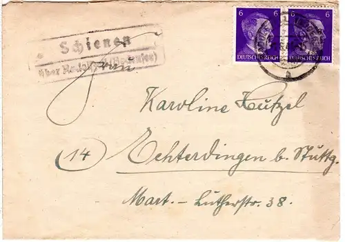 DR 1944, Landpost Stpl. SCHIENEN über Radolfzell auf Brief m. 2x6 Pf.