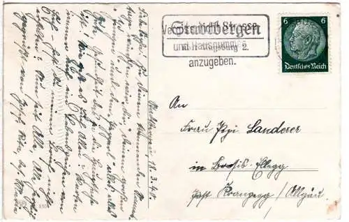 DR 1940, Landpost Stpl. STADTBERGEN über Augsburg 2 auf Karte m. 6 Pf. 