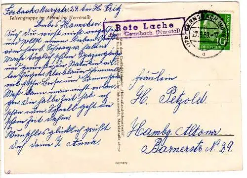BRD 1959, Landpost Stpl. ROTE LACHE über Gernsbach auf Karte m. 10 Pf. Heuss