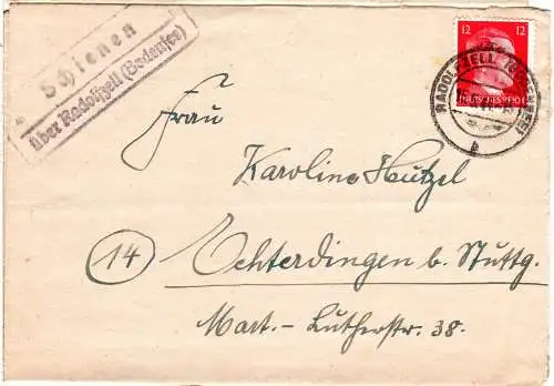 DR 1944, Landpost Stpl. SCHIENEN über Radolfzell auf Brief m. 12 Pf.