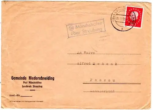 BRD 1959, Landpost Stpl. 13a MÜNCHSHÖFEN über Straubing auf Brief m. 20 Pf.