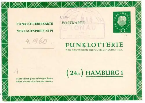 BRD 1960, Landpost Stpl. 20a LONAU über Herzberg auf Funklotterie Ganzsache