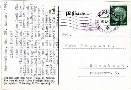 DR 1940, Landpost Stpl. TENNENLOHE über Nürnberg auf Karte m. 6 Pf.