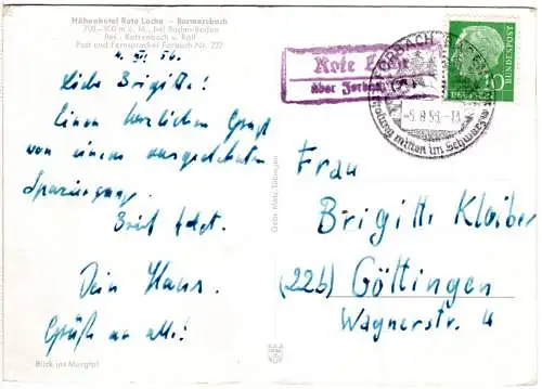 BRD 1956, Landpost Stpl. ROTE LACHE über Forbach auf Karte m. 10 Pf. Heuss