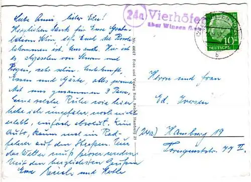 BRD 1957, Landpost Stpl. 24a VIERHÖFEN über Winsen auf Karte m. 10 Pf. Heuss