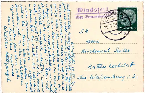 DR 1939, Landpost Stpl. WINDSFELD über Gunzenhausen auf Karte m. 6 Pf. 