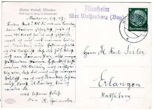 DR 1937, Landpost Stpl. ALESHEIM über Weißenburg auf Karte m. 6 Pf. 