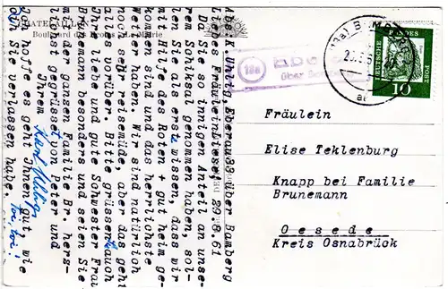 BRD 1961, Landpost Stpl. 13a EBERAU über Bamberg auf Karte m. 10 Pf.