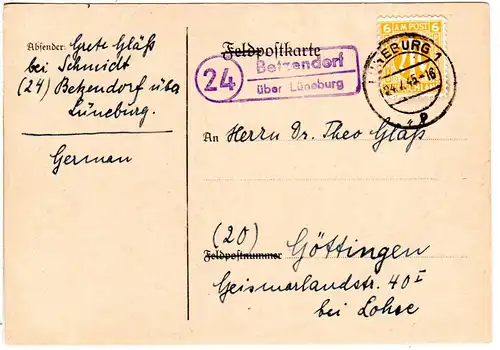 1945, Landpost Stpl. 24 BETZENDORF über Lüneburg auf früher Karte m. 6 Pf.