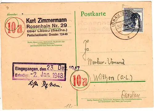 1947, Landpost Stpl. ROSENHAIN über Löbau auf Karte m. 12 Pf.