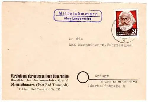 DDR 1953, Landpost Stpl. MITTELSÖMMERN über Langensalza auf Brief m. 24 Pf.