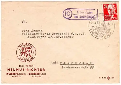 DDR 1950, Landpost Stpl. BEEDELN über Rochlitz auf Firmen Brief m. 24 Pf.