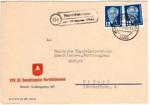 DDR 1953, Landpost Stpl. 15a HEROLDISHAUSEN über Mühlhausen auf Brief m. 2x12 Pf